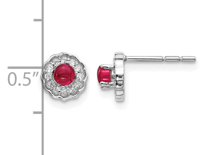 14k White Gold Diamond and Cabochon Ruby Earrings, 7 x 7mm
