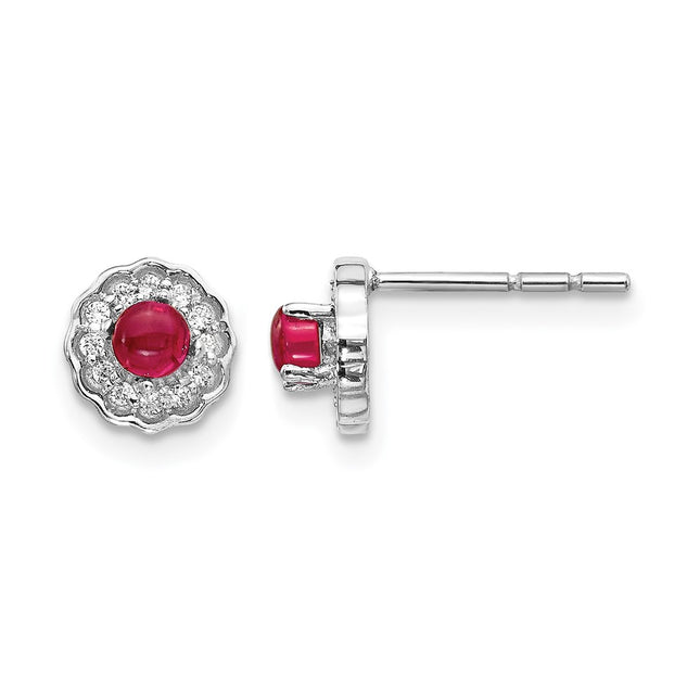 14k White Gold Diamond and Cabochon Ruby Earrings, 7 x 7mm