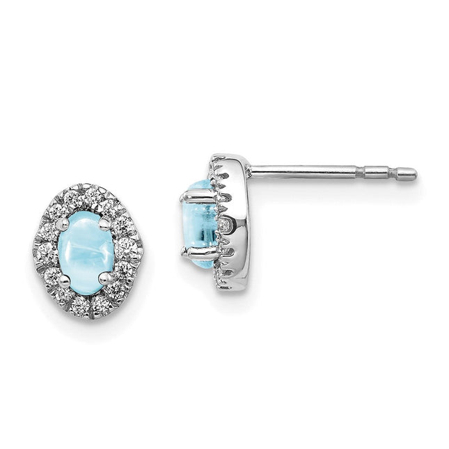 14k White Gold Diamond and Cabochon Aquamarine Earrings, 8 x 6mm
