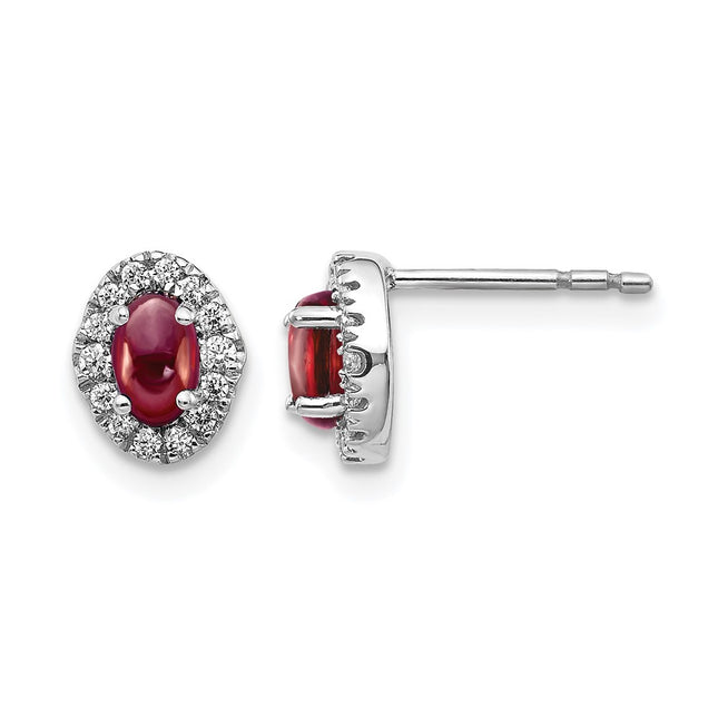 14k White Gold Diamond and Cabochon Garnet Earrings, 7 x 6mm