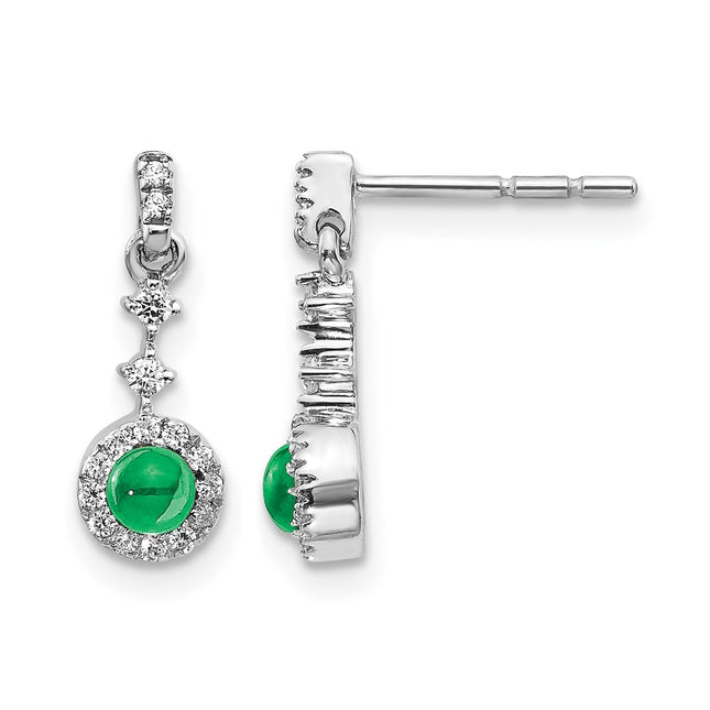 14k White Gold Diamond and Cabochon Emerald Earrings, 15 x 5mm