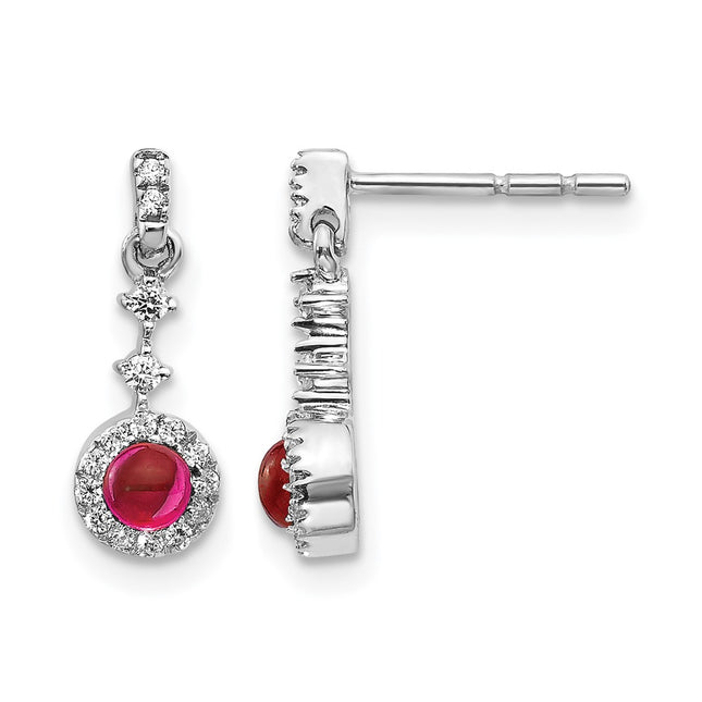 14k White Gold Diamond and Cabochon Ruby Earrings, 14 x 5mm