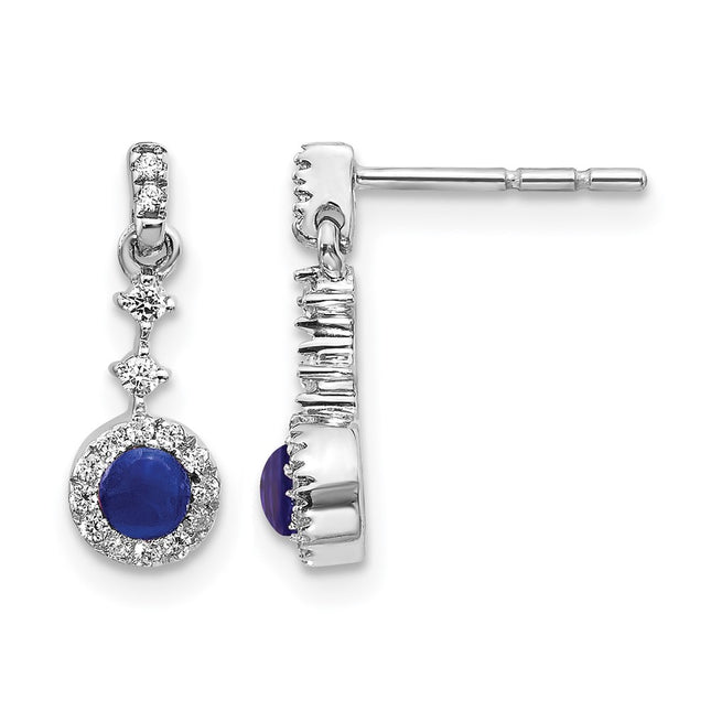 14k White Gold Diamond and Cabochon Sapphire Earrings, 14 x 5mm