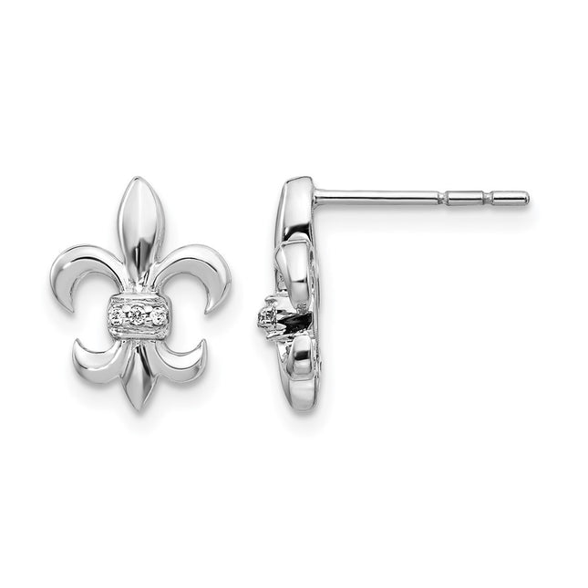 14k White Gold Diamond Fleur de Lis Post Earrings, 12 x 9mm