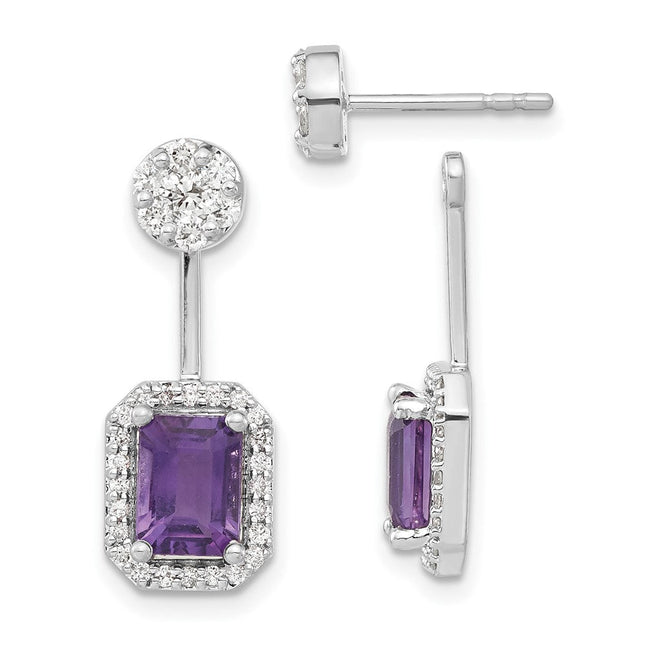 14k White Gold Diamond/Amethyst Front/Back Earrings, 21 x 8mm