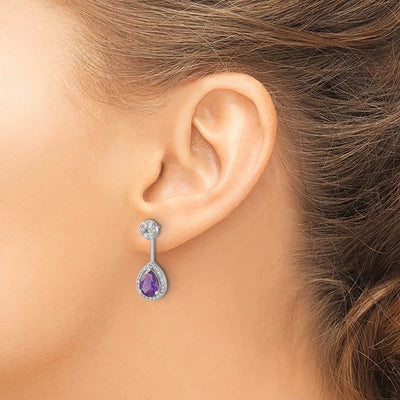 14K White Gold Diamond/Pear Amethyst Front/Back Earrings