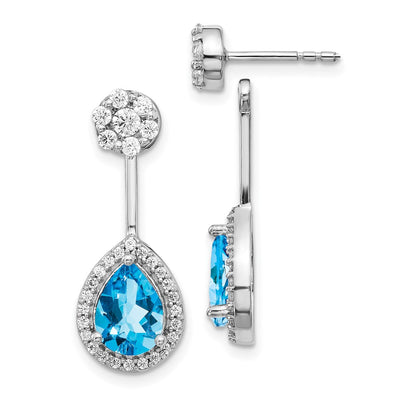 14K White Gold Diamond/Pear Blue Topaz Front/Back Earrings