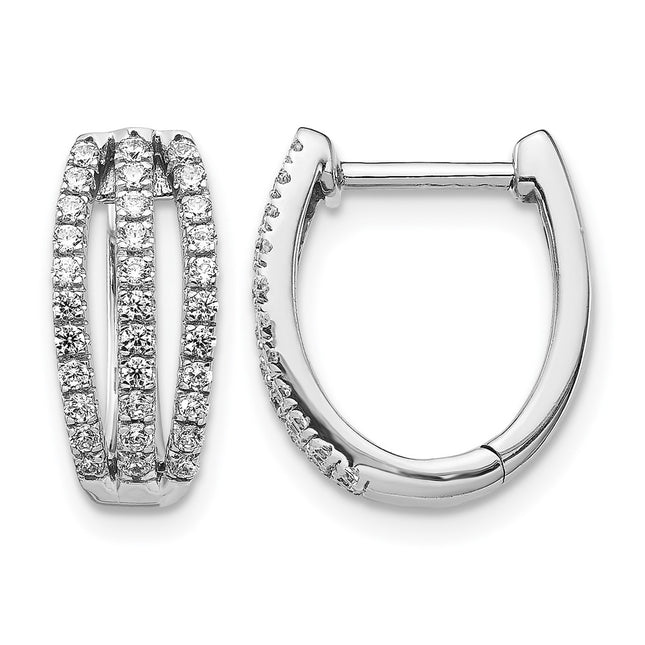 14k White Gold 3-row Diamond Hinged Hoop Earrings, 15 x 13mm