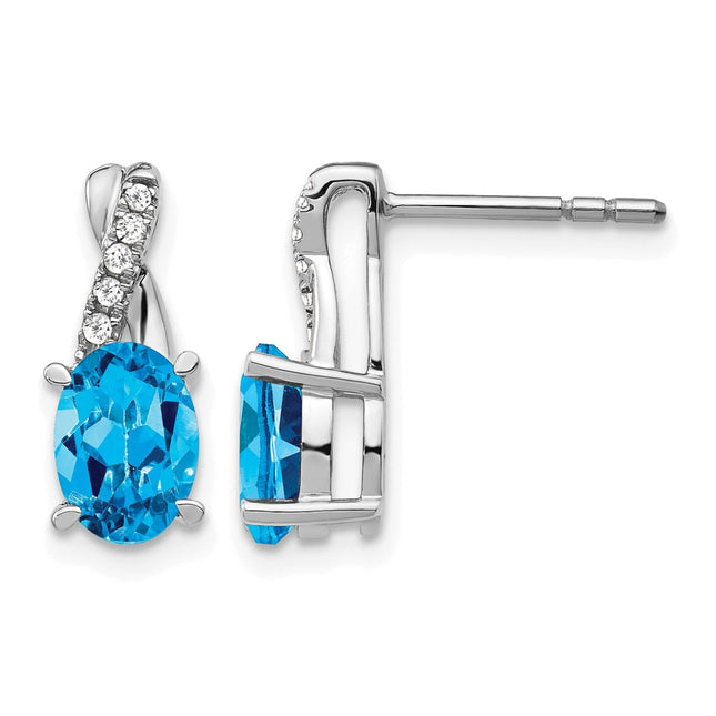 14k White Gold Blue Topaz and Diamond Earrings, 13.6 x 5.25mm