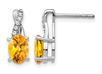 14k White Gold Citrine and Diamond Earrings, 13.6 x 5.25mm