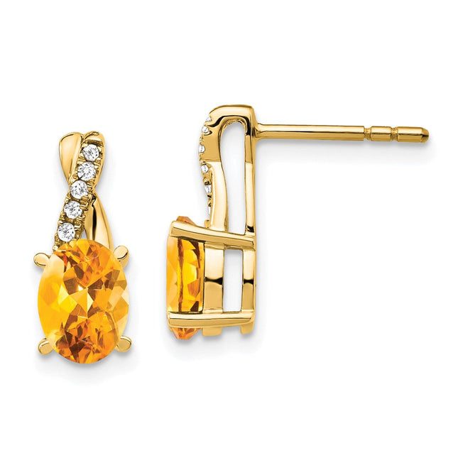 14k Citrine and Diamond Earrings, 14.4 x 6.5mm