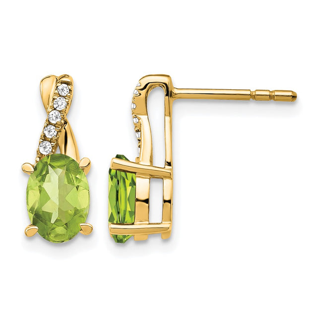 14k Peridot and Diamond Earrings, 13.6 x 5.25mm