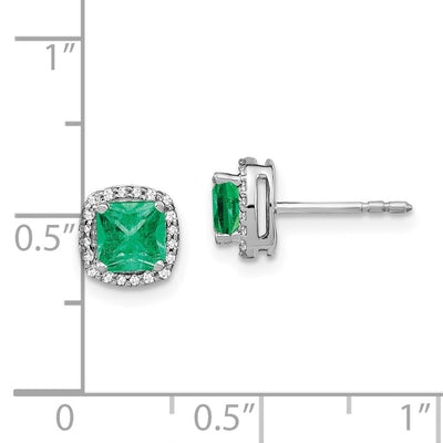 14K White Gold Cushion Emerald and Diamond Halo Earrings