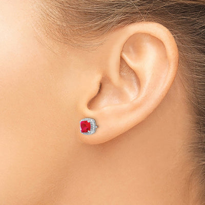 14K White Gold Cushion Ruby and Diamond Halo Earrings