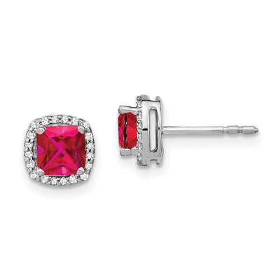 14K White Gold Cushion Ruby and Diamond Halo Earrings