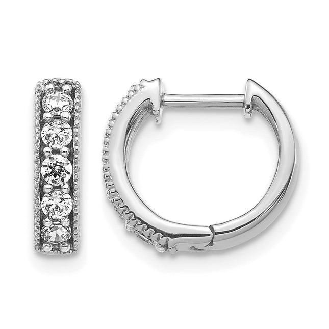 14k White Gold Diamond Milgrain Hinged Hoop Earrings, 11 x 3.5mm
