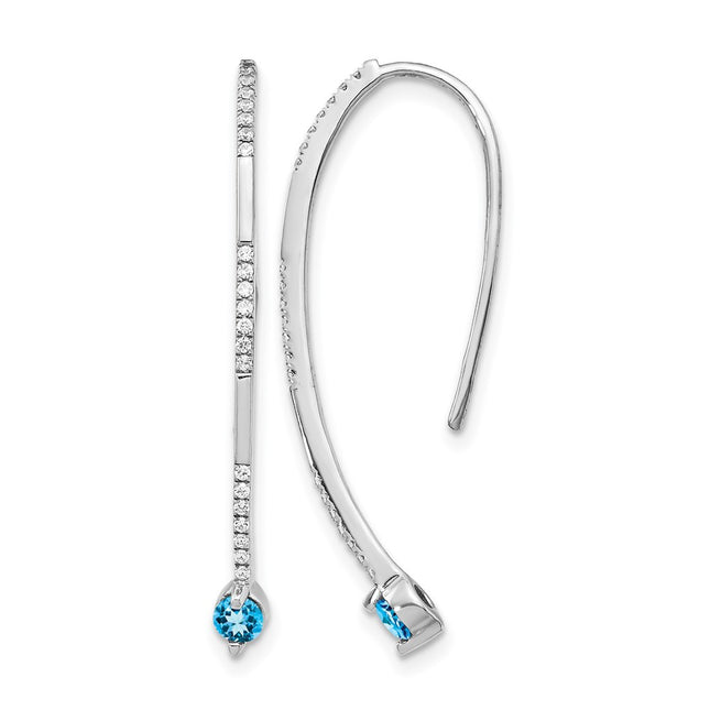 14k White Gold Diamond and Blue Topaz Earrings, 34 x 2mm