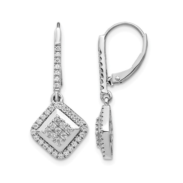 14k White Gold Diamond Cluster Leverback Earrings, 26 x 11mm