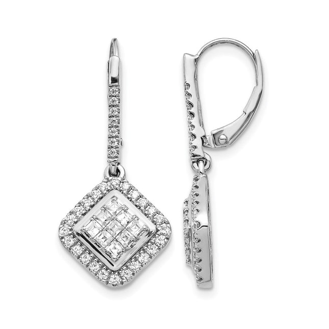 14k White Gold Diamond Cluster Leverback Earrings, 28 x 13mm