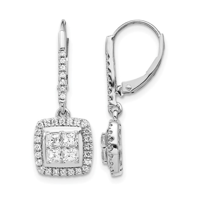14k White Gold Diamond Cluster Leverback Earrings, 25 x 10mm