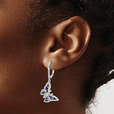 14K White Gold Diamond/Sapphire Butterfly Leverback Earrings