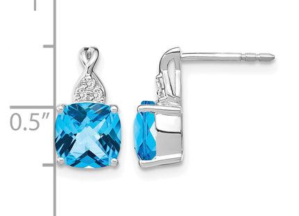 14K White Gold Checkerboard Blue Topaz and Diamond Earrings