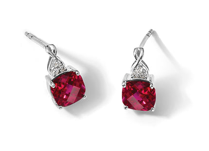 14K White Gold Checkerboard Created Ruby and Diamond Earrings