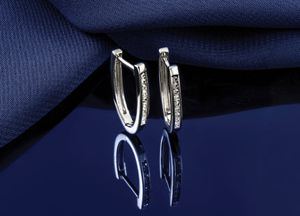 14k White Gold Diamond Oval Hinged Hoop Earrings, 18 x 3mm
