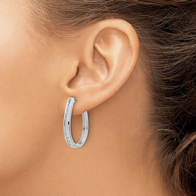 14K White Gold Diamond Oval Hinged Hoop Earrings, 27 x 20mm