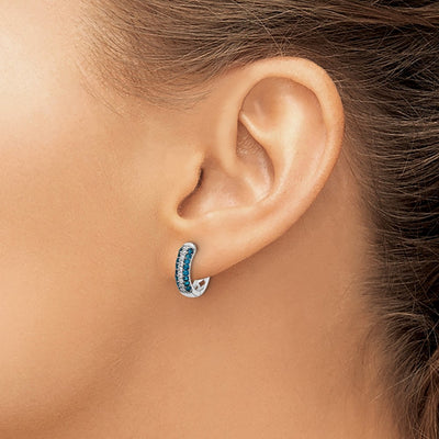 14K White Gold White and Blue Diamond Hinged Hoop Earrings