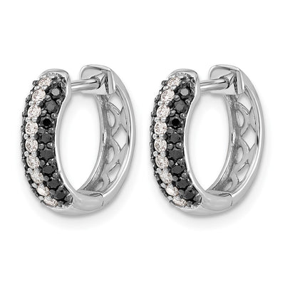 14K White Gold White and Black Diamond Hinged Hoop Earrings, 14 x 3.5mm