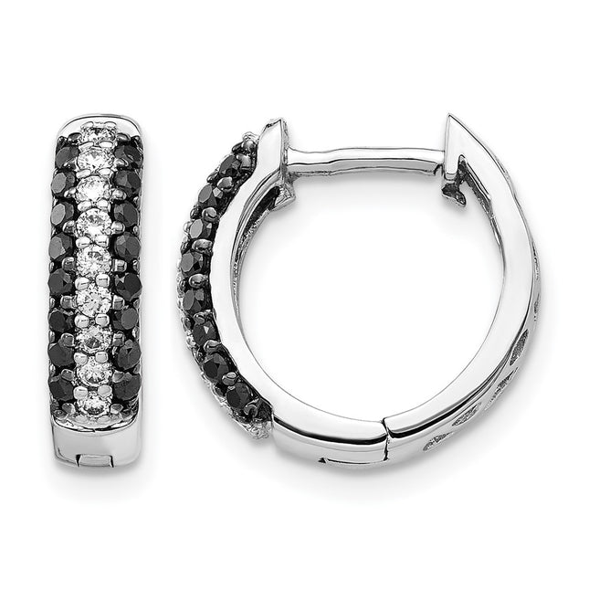 14k White Gold White and Black Diamond Hinged Hoop Earrings, 14 x 3.5mm