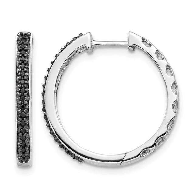 14k White Gold Black Diamond Hinged Hoop Earrings, 20 x 2mm
