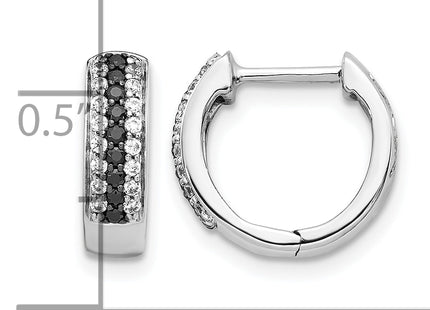 14k White Gold Black and White Diamond Hinged Hoop Earrings, 12 x 3.5mm