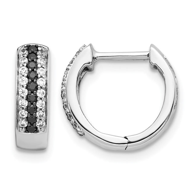 14k White Gold Black and White Diamond Hinged Hoop Earrings, 12 x 3.5mm