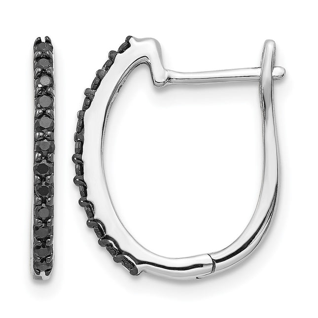 14k White Gold Black Diamond Hinged Hoop Earrings, 16 x 12mm