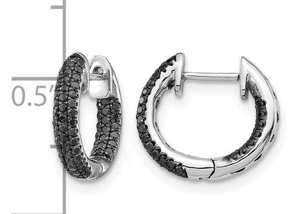 14k White Gold Black Diamond Hinged Hoop Earrings, 13 x 2.5mm