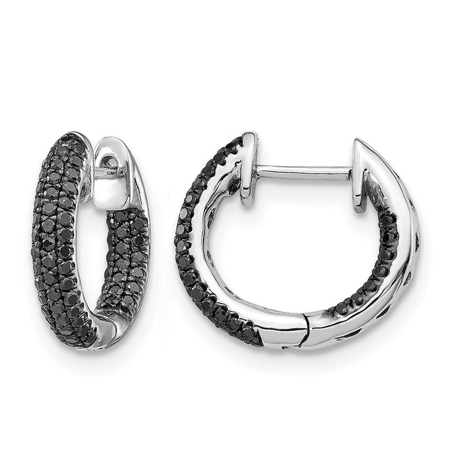 14k White Gold Black Diamond Hinged Hoop Earrings, 13 x 2.5mm