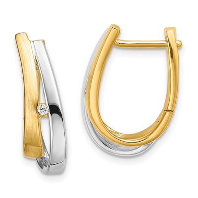 14K Yellow Gold With White Rhodium Diamond Hinged Hoop Earrings