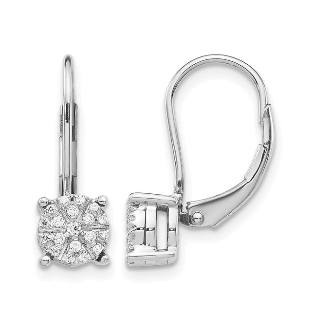 14k White Gold Diamond Cluster Leverback Earrings, 19 x 13mm