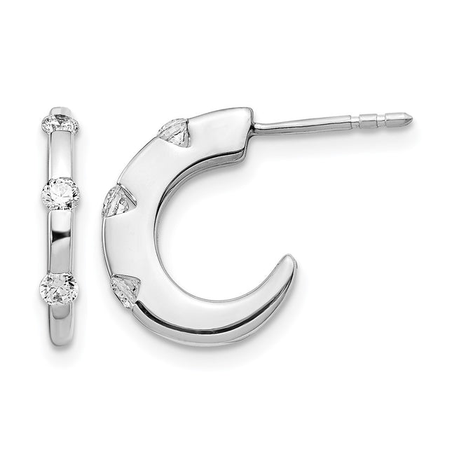 14k White Gold Diamond J-Hoop Post Earrings, 15 x 11mm