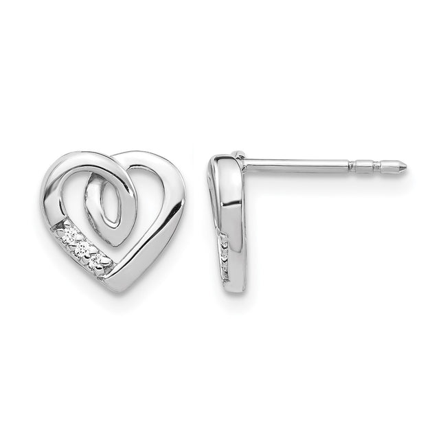 14k White Gold Diamond Heart Post Earrings, 9 x 9mm