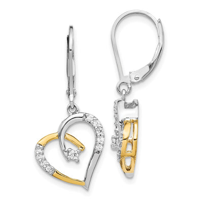 14K Yellow and White Gold Diamond Heart Leverback Earrings