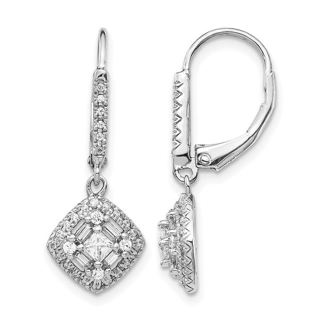 14k White Gold Diamond Leverback Earrings, 26 x 10mm