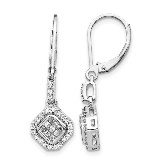 14k White Gold Diamond Leverback Earrings, 27 x 9mm