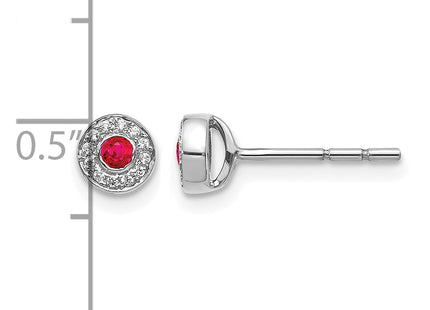 14k White Gold Diamond and Ruby Halo Post Earrings, 5 x 5mm