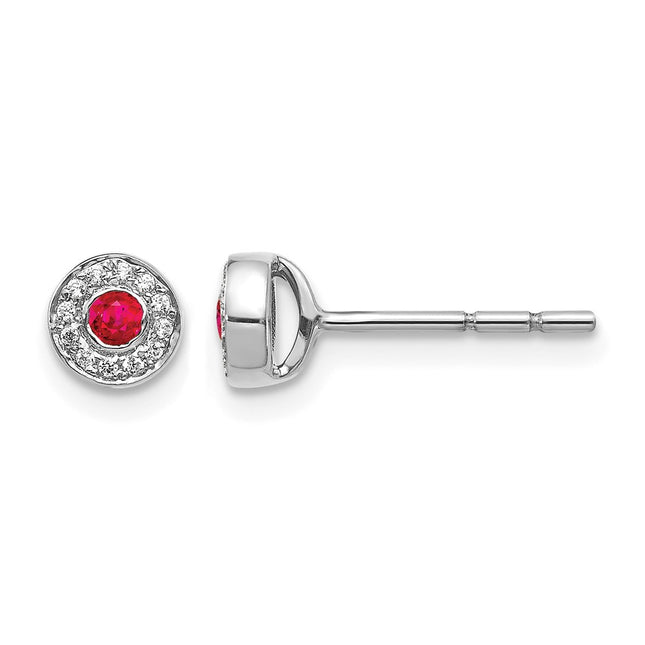 14k White Gold Diamond and Ruby Halo Post Earrings, 5 x 5mm