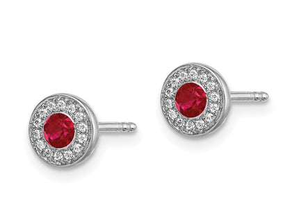 14k White Gold Diamond and Ruby Halo Post Earrings (Style EM5587-RU-010-WA)
