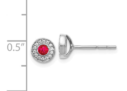 14k White Gold Diamond and Ruby Halo Post Earrings (Style EM5587-RU-010-WA)