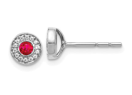 14k White Gold Diamond and Ruby Halo Post Earrings (Style EM5587-RU-010-WA)